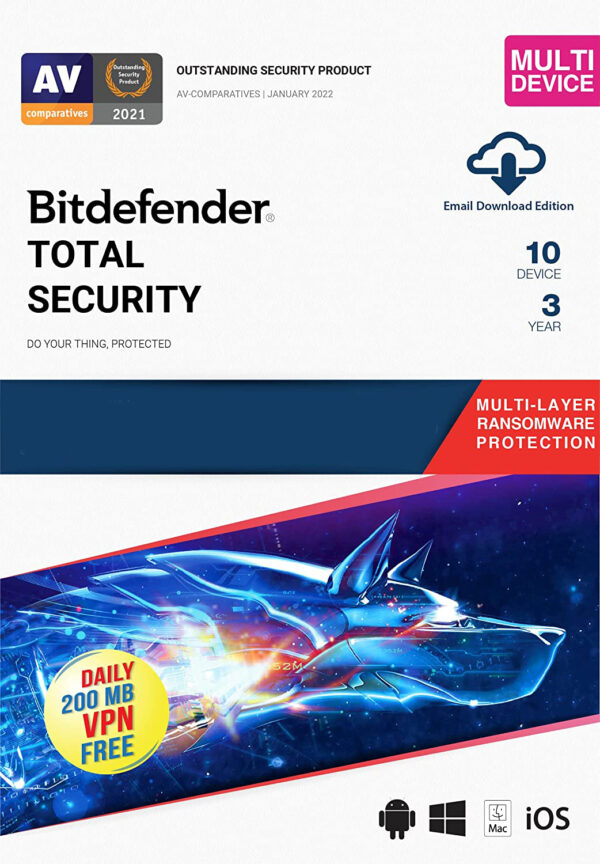 Bitdefender Total Security 10 Devices, 3 Years (Windows/Mac/Android/iOS) | Email Delivery
