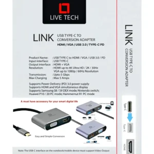 Live Tech Link 4-in-1 USB Type-C Adapter HDMI, VGA, USB 3.0 & PD Connect