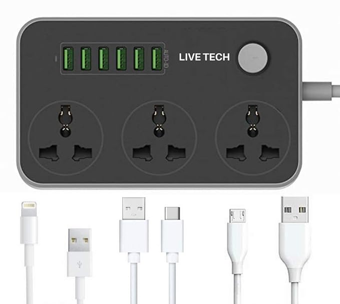 Live Tech PS06 Smart Power Strip 6 USB Ports, 3 Universal Sockets, 3.4A Spike Protection