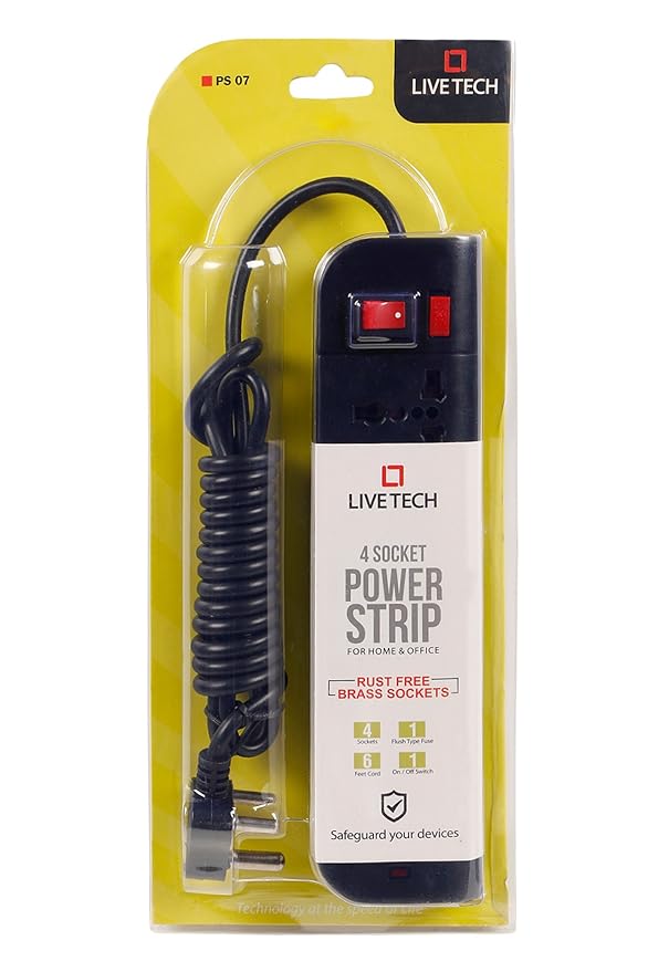 Live Tech PS07 Power Strip with 4 Sockets, Rust-Free, 6ft (1.8 Meter) Cord – White, Durable & Safe Power Extension