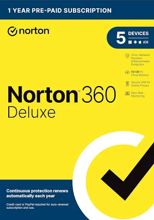 Norton 360 Deluxe Total Security 5 Users, 1 Year | PC, Mac, Android, iOS | Norton Authorized Partner | Email Delivery