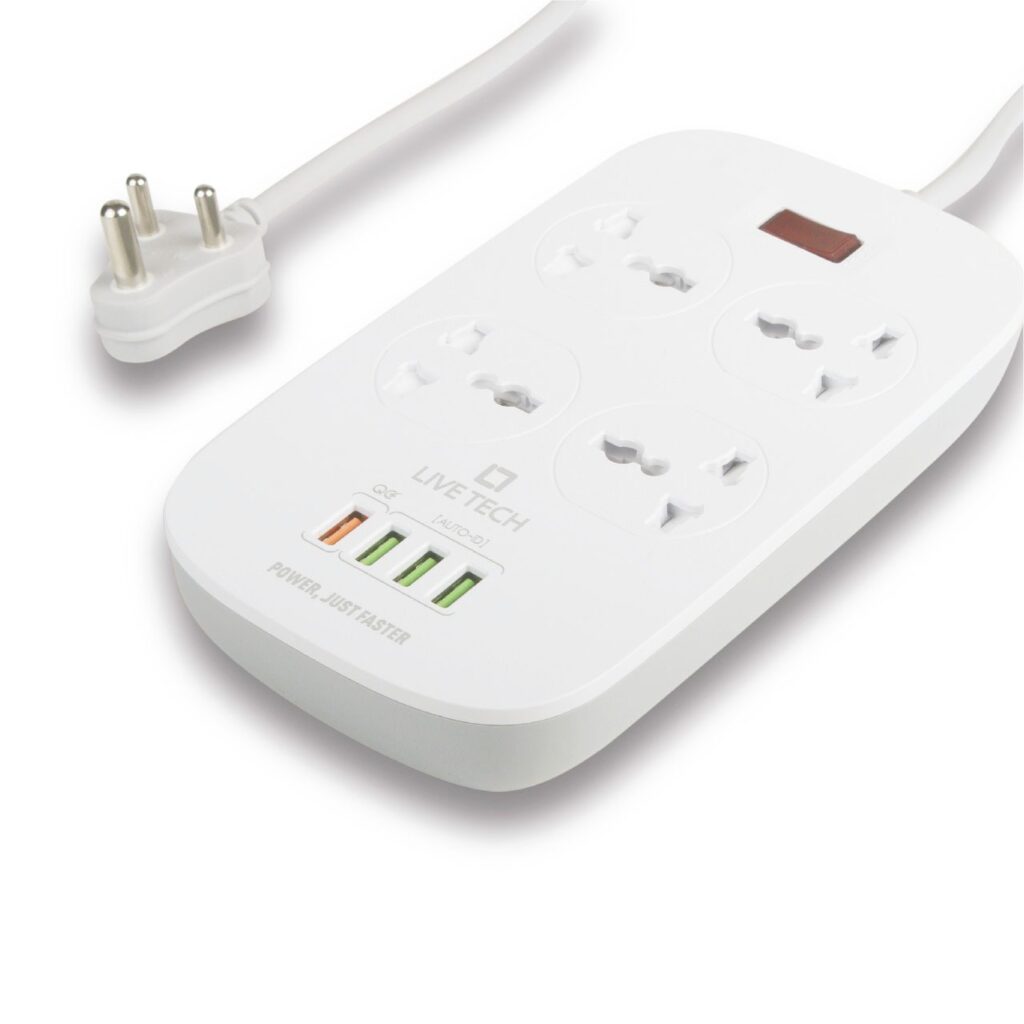 Live Tech PS13 Qualcomm 3.0 Smart Surge Protector Power Strip – 2500W, 10A, 2M Cord, 4 Universal Sockets, Quick Charge