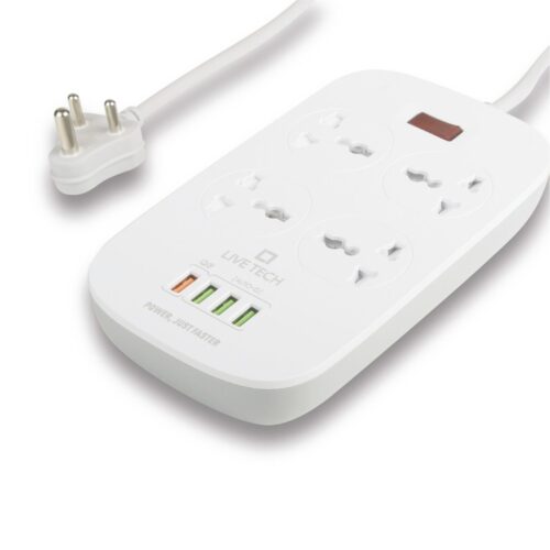 Live Tech PS13 Qualcomm 3.0 Smart Surge Protector Power Strip – 2500W, 10A, 2M Cord, 4 Universal Sockets, Quick Charge