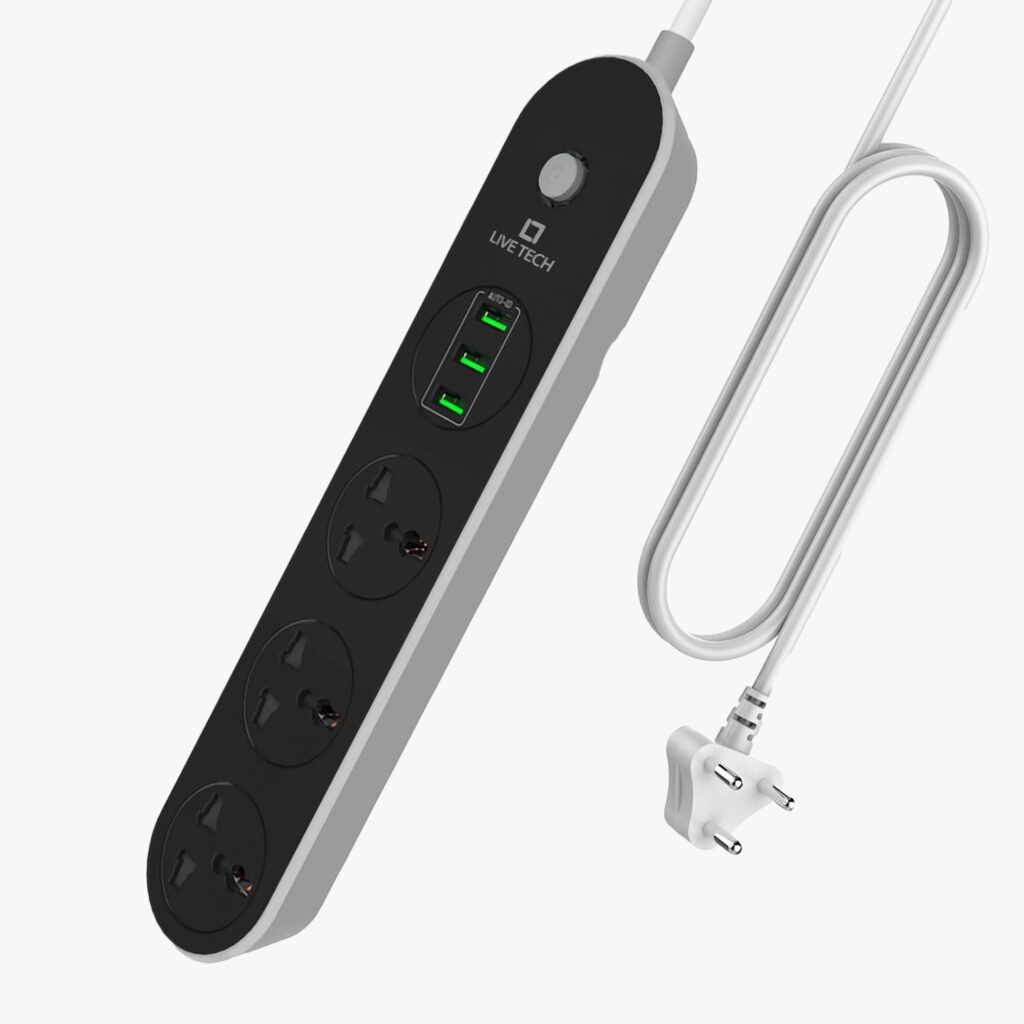 Live Tech PS05 Universal Power Strip with 3 Sockets (10A) + 3 USB Ports (3.1A) – Multiport Power & Fast USB Charging