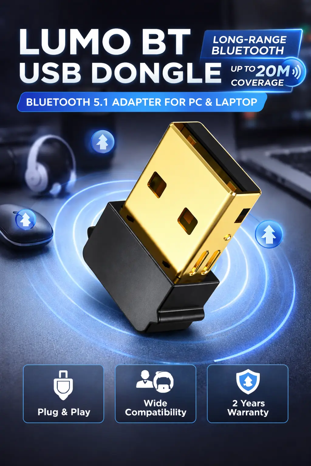 LUMO BT USB Dongle – Bluetooth 5.1 Adapter for PC & Laptop | Plug & Play | 2 Years Warranty